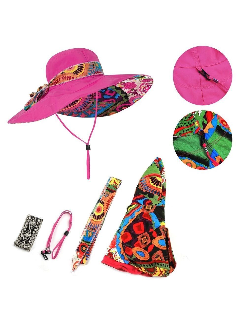 Women's Foldable Floppy Sun Hats Reversible Vacation Beach | Rose Red | Size OS - Picture 8 of 12